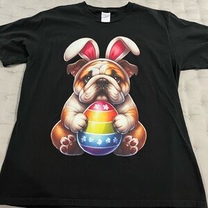 Port Authority Black Tee with Bulldog and Easter Egg Design